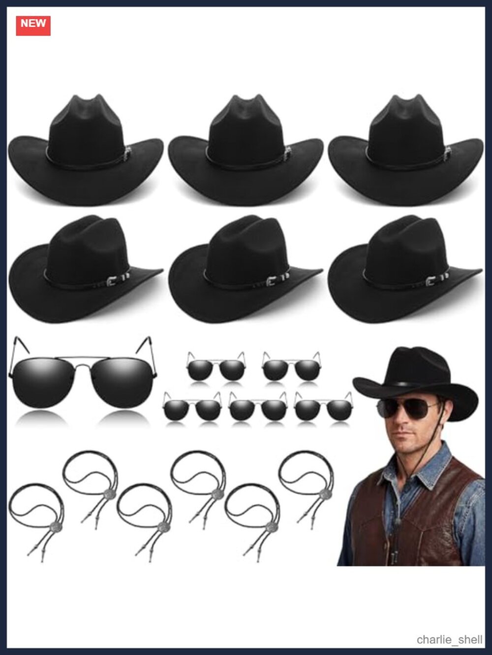 6 Pack Cowboy Hat Set Suede Like Bolo Ties Pilot Sunglasses Western Costume